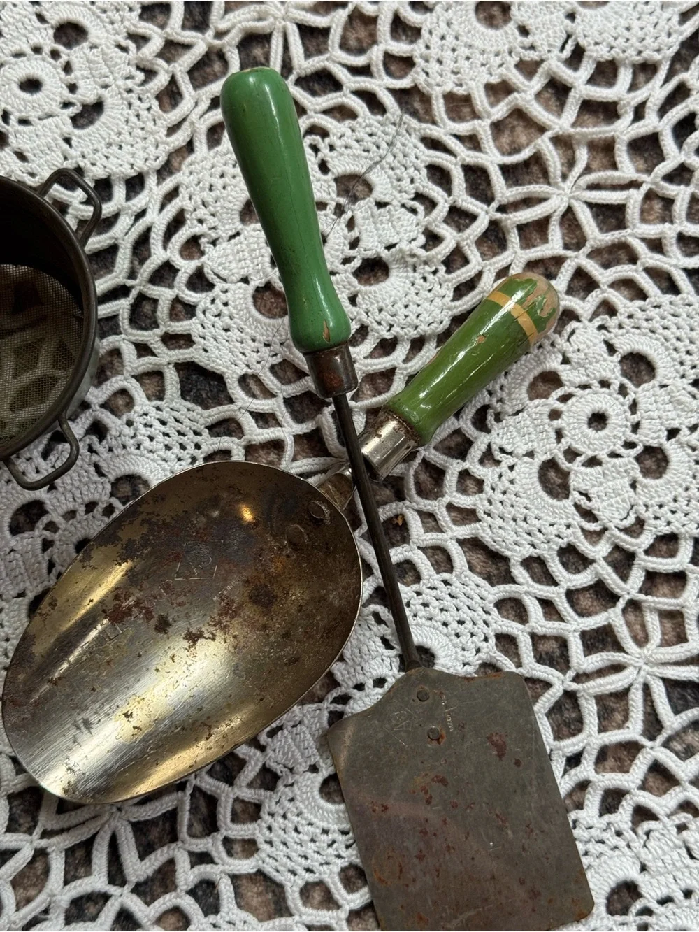 Vintage Green-Handled Metal Serving Utensils Set